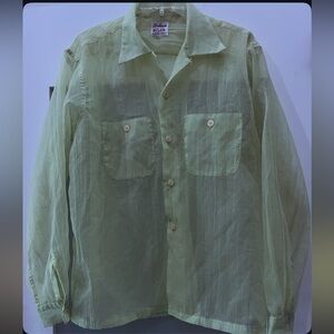 Men Mesh Shirt Top Transparent Sheer Long Sleeve Green Size Large (Runs Small)